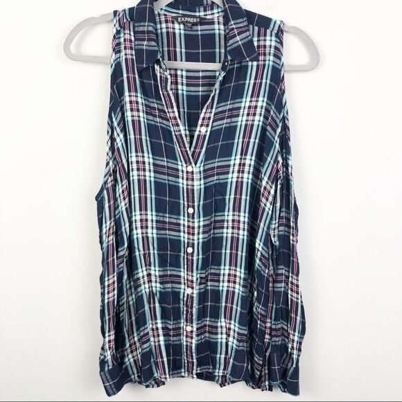 EXPRESS | Cold Shoulder Plaid Button Up Shirt - Picture 1 of 8